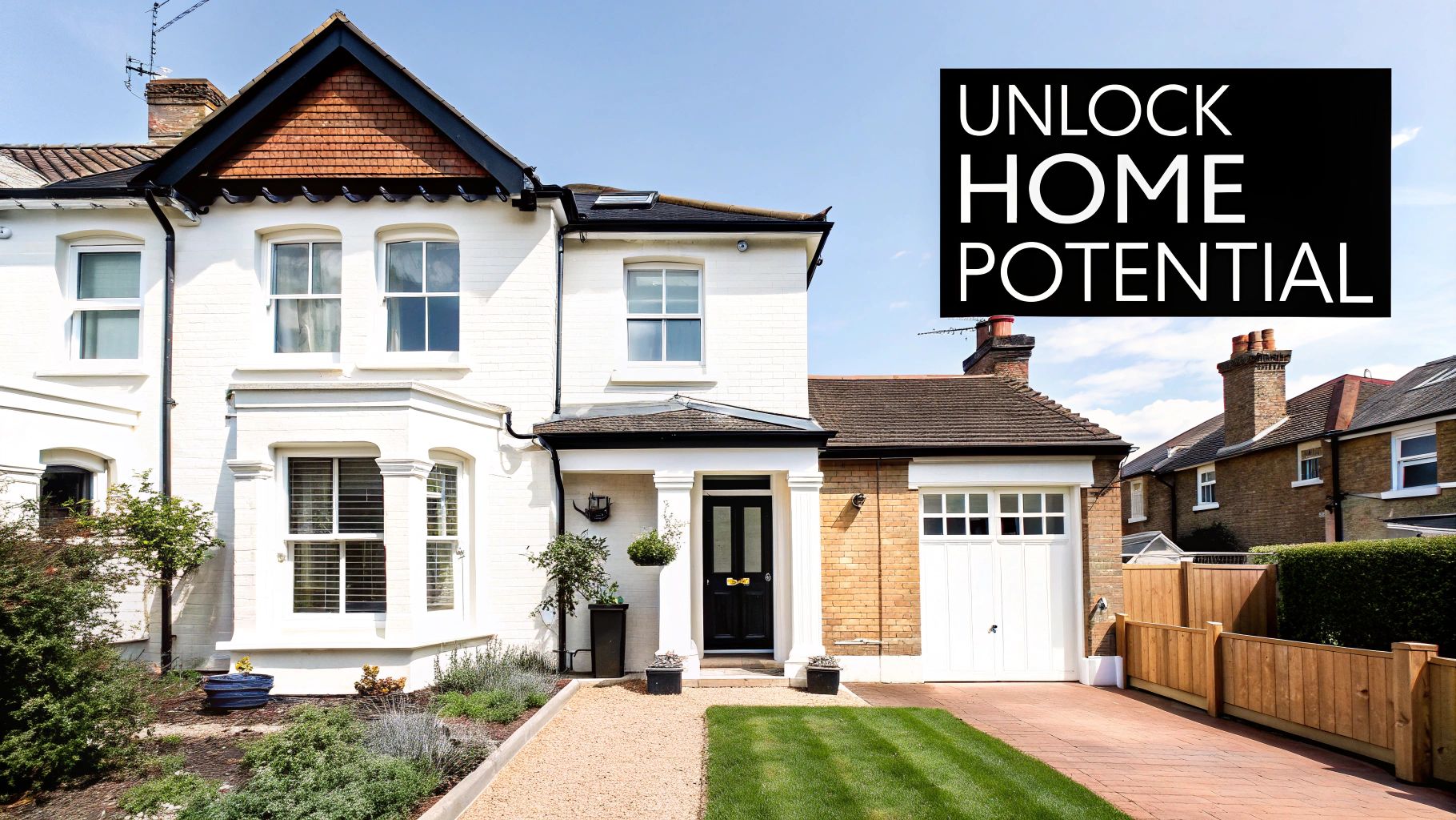 A beautiful white house with a black door, green lawn, gravel path, and 'UNLOCK HOME POTENTIAL' text overlay.