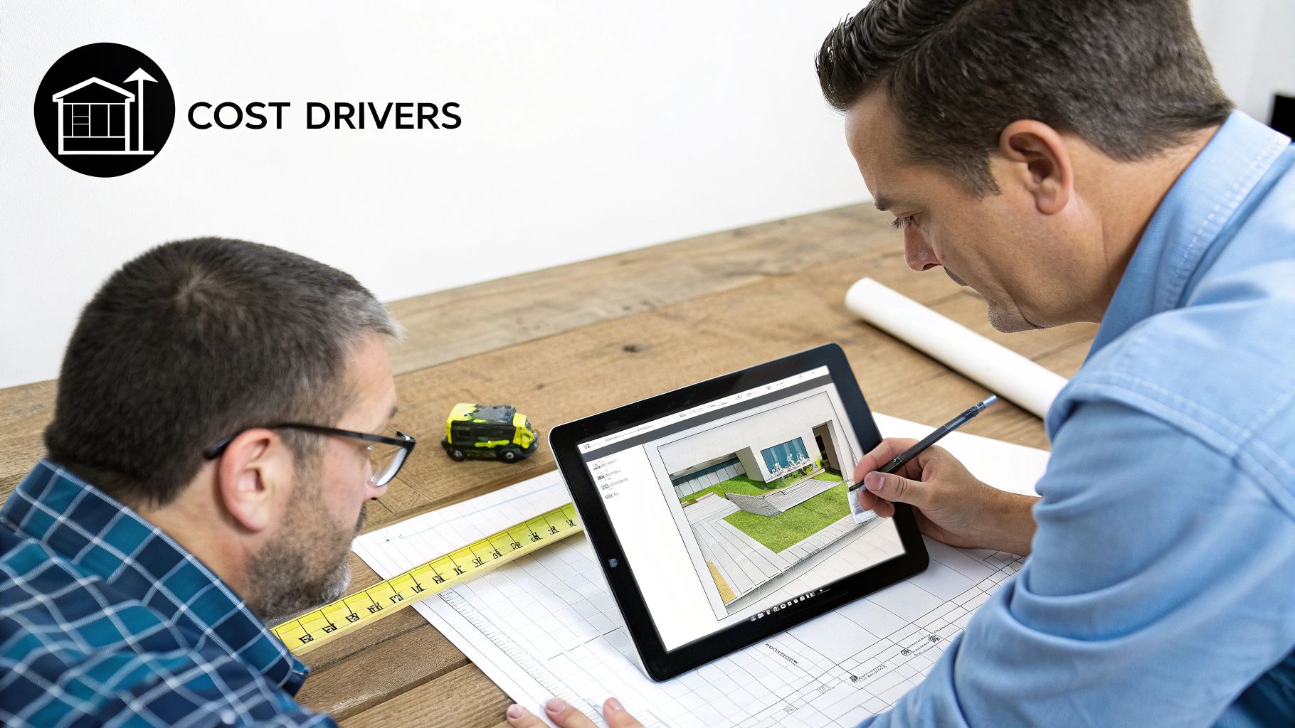 Two construction professionals review building plans and a modern house design on a tablet, discussing cost drivers.