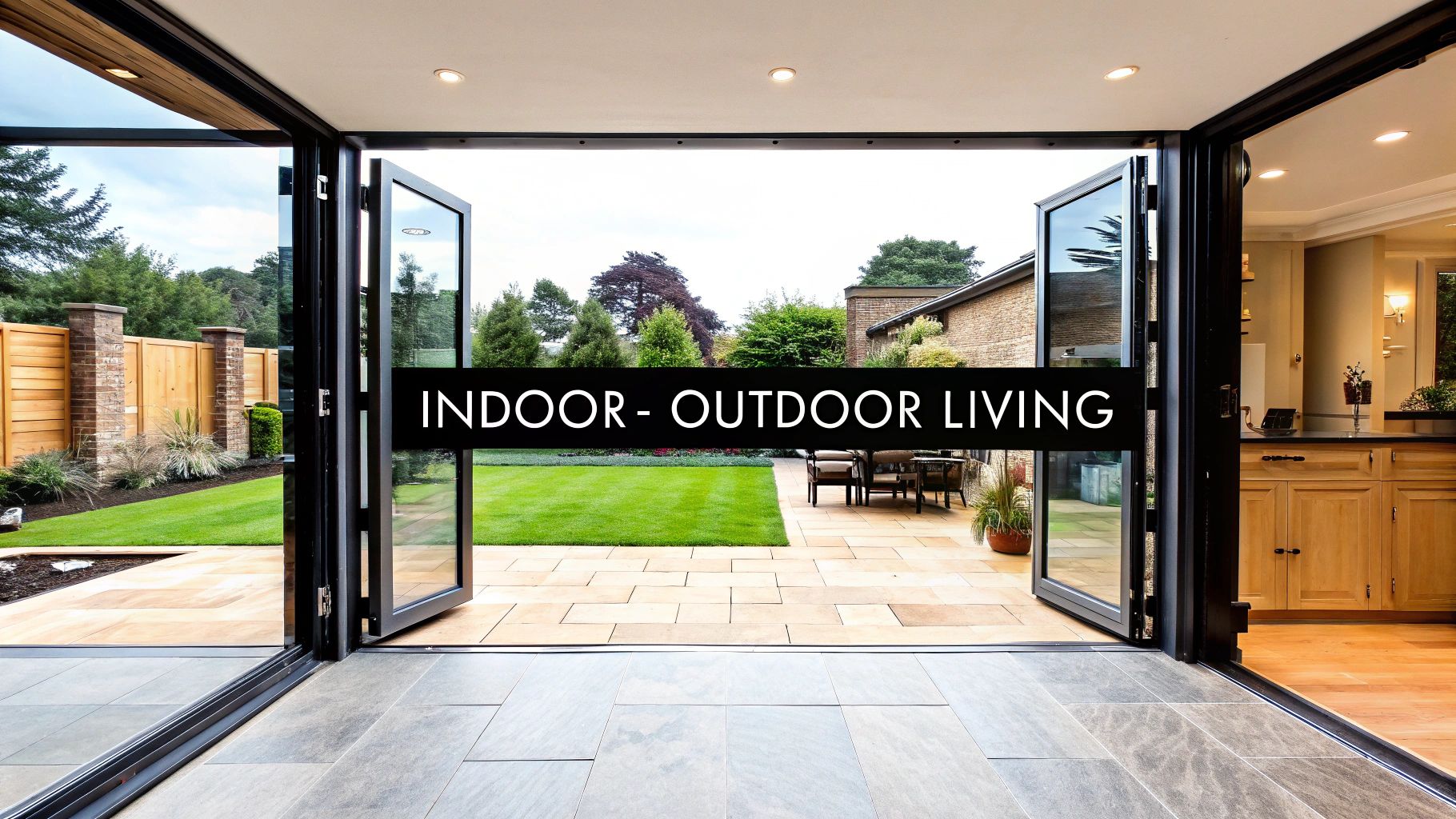 Bi-fold doors open to a spacious outdoor patio and green lawn, blending indoor and outdoor living.