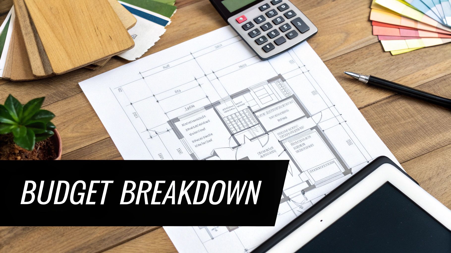 Desk with architectural plans, material samples, a calculator, and tablet, showing a 'BUDGET BREAKDOWN' banner.