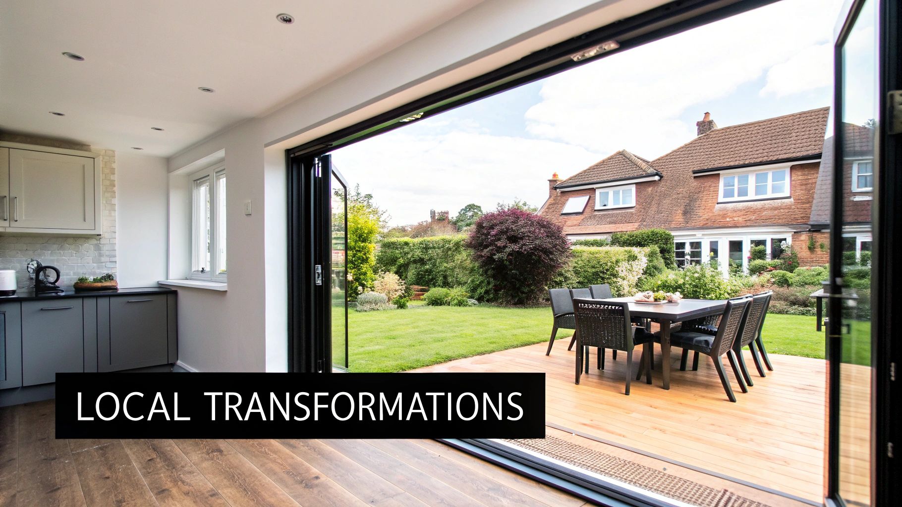 Modern kitchen with bi-fold doors opening to a lush garden, patio, and outdoor dining.