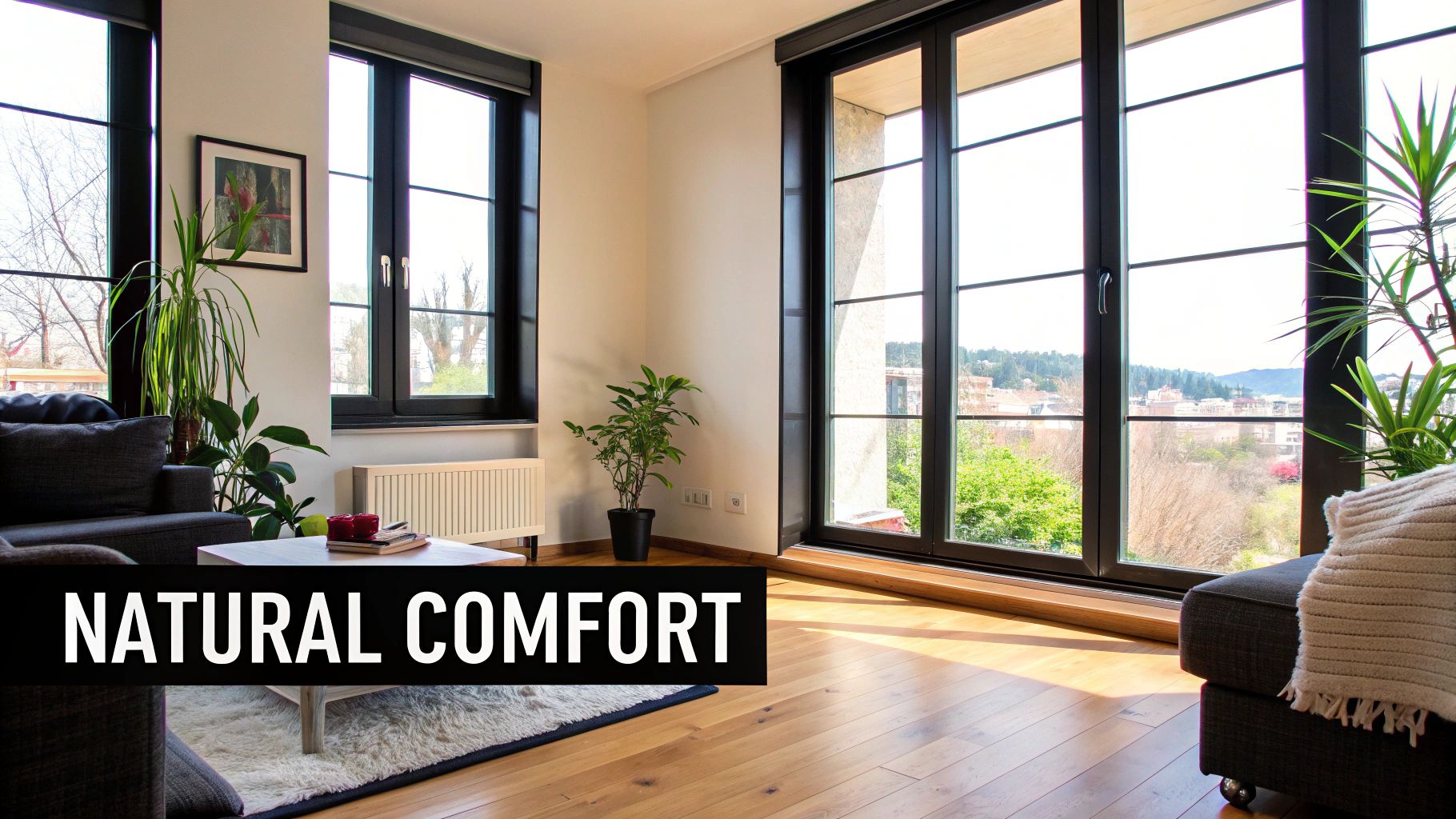 A bright, modern living room with large windows, lush plants, and natural light flowing in.