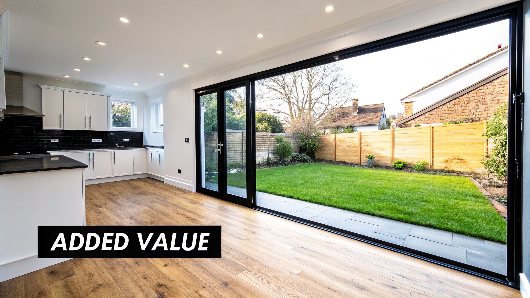 Modern open-plan kitchen and living area with large bi-fold doors opening to a green garden.