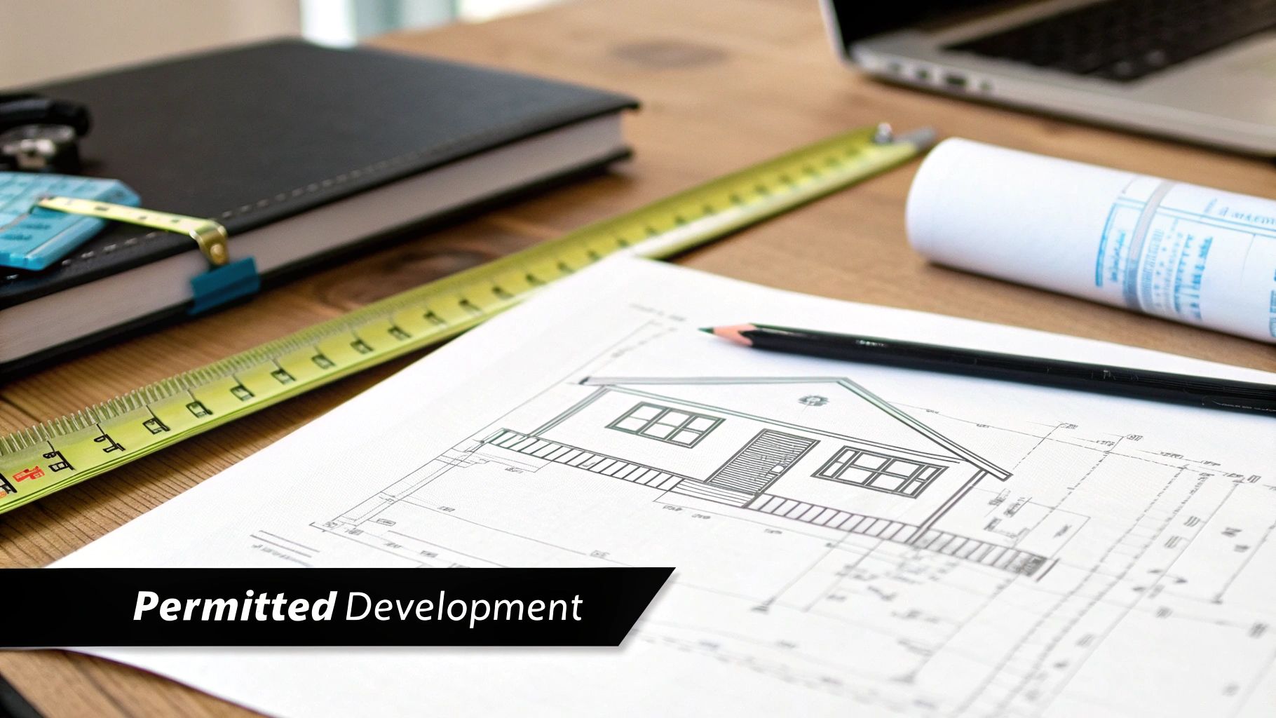 Architectural drawing of a house plan on a desk with a measuring tape, pencil, and laptop.