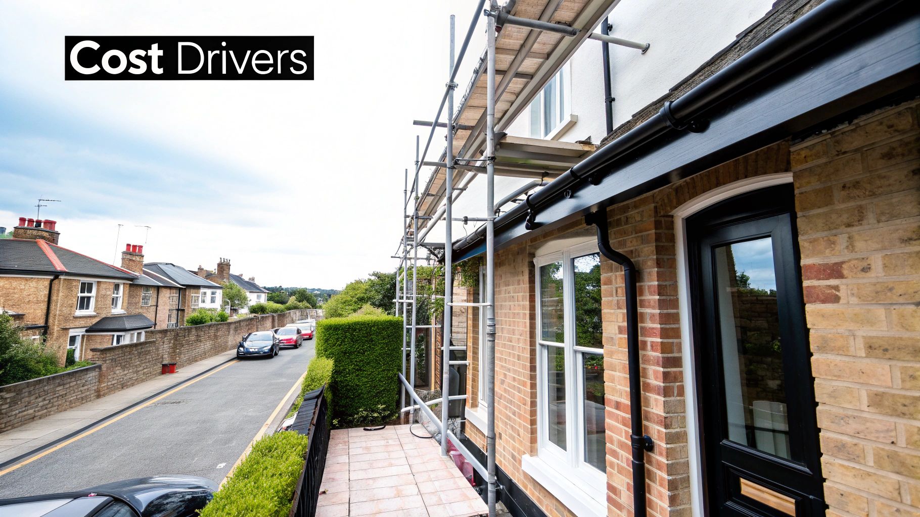 A street view of residential brick houses, one with scaffolding, and cars parked along the road, with 'Cost Drivers' text overlay.