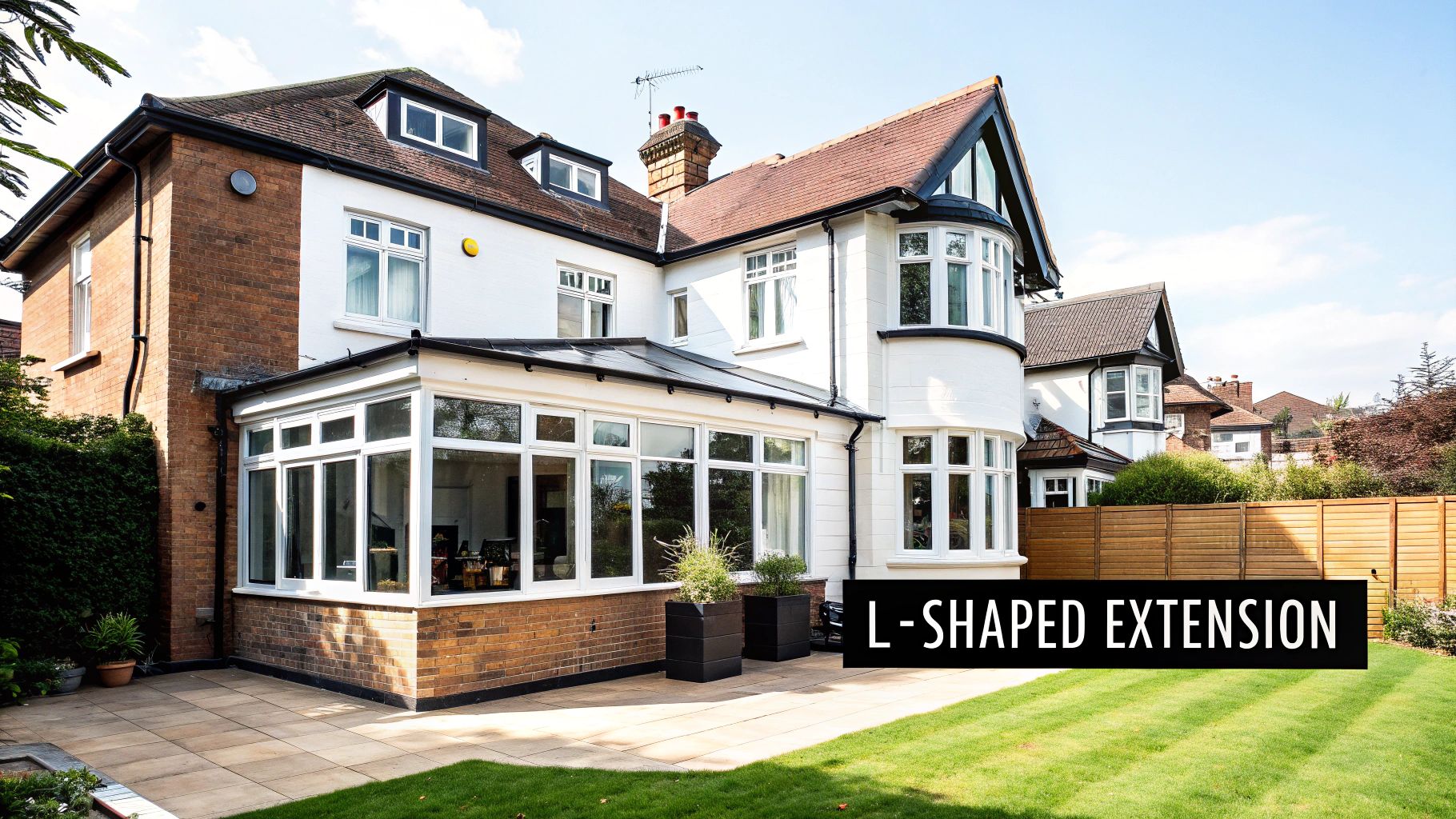 An L-shaped conservatory extension on a traditional white and brick house with a green lawn.