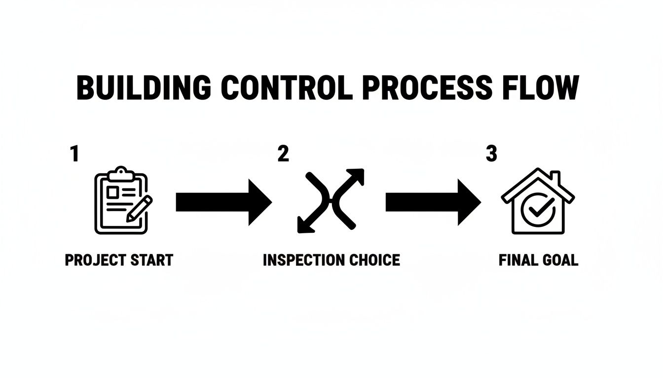 A building control process flow diagram showing three steps: project start, inspection choice, and final goal.