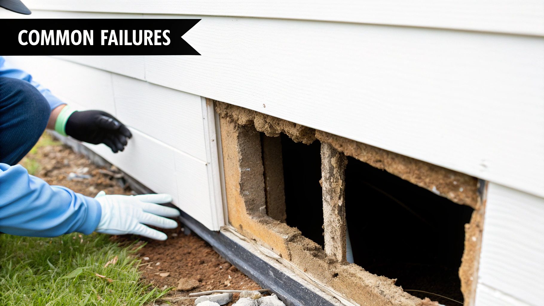 A person in gloves inspects damaged white house siding with a large open crawl space, indicating common failures.