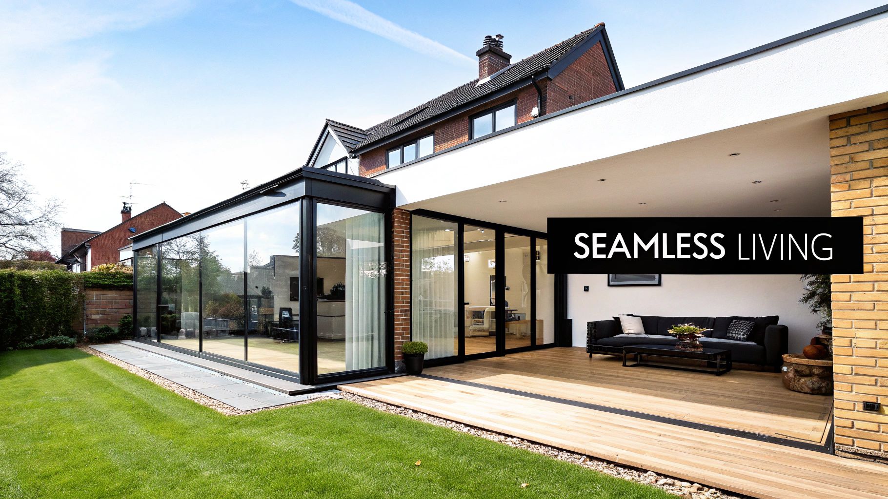 Modern house with a glass extension, large wooden patio, and green lawn, promoting seamless indoor-outdoor living.