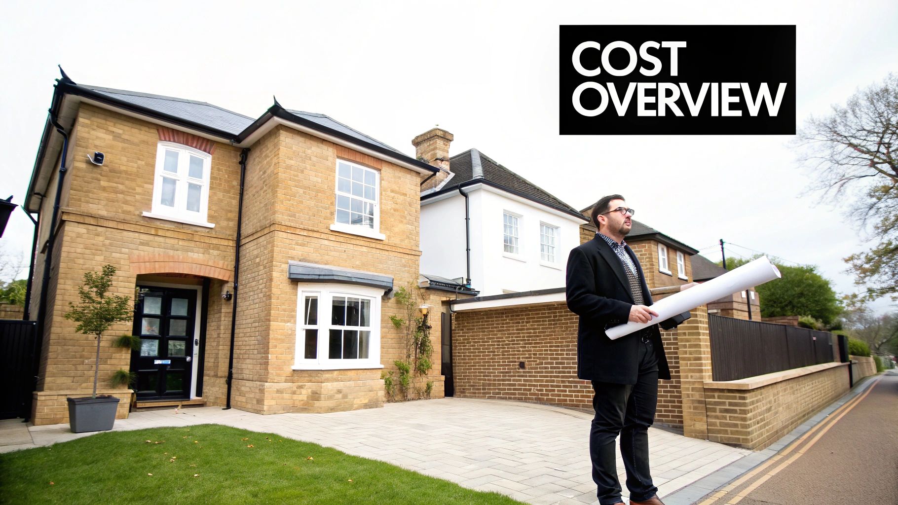 A man holds building plans in front of a new house with a 'COST OVERVIEW' banner.