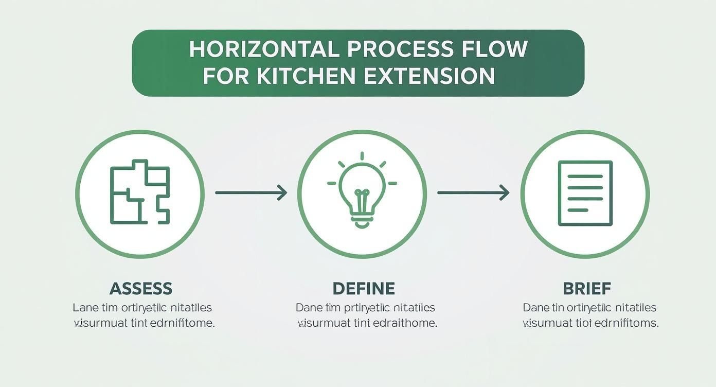 Infographic showing the three-step planning process for a kitchen extension: Assess, Define, and Brief.