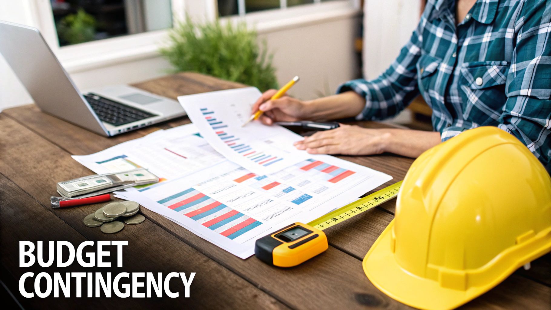 Professional reviewing construction budget contingency plans with charts, money, and tools on a wooden desk.
