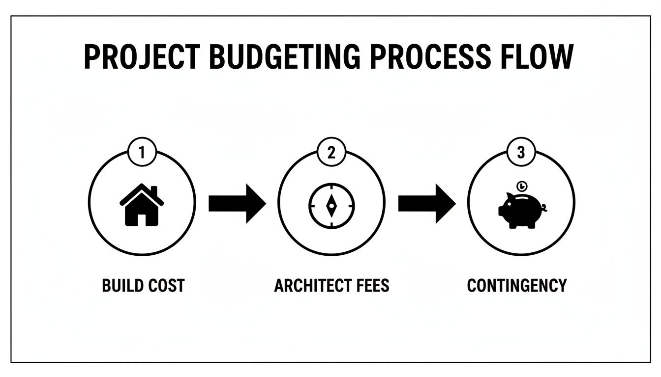 A process flow diagram illustrates project budgeting steps: build cost, architect fees, and contingency.