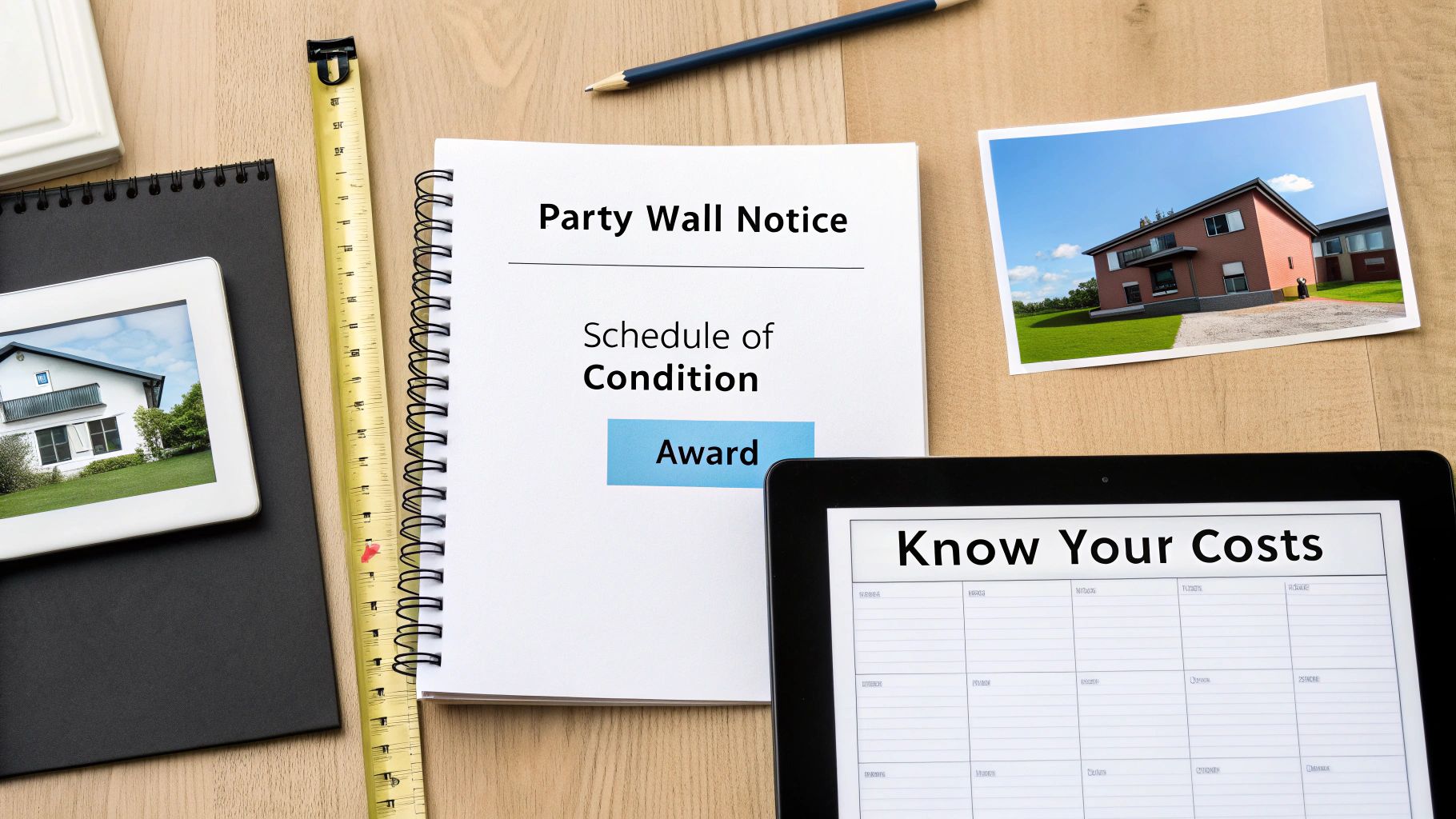 A desk with a 'Party Wall Notice' document, 'Know Your Costs' on a tablet, house images, and tools.
