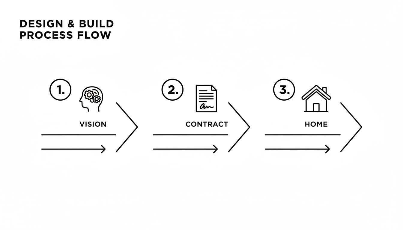A design and build process flow diagram showing steps: vision, contract, and home creation.