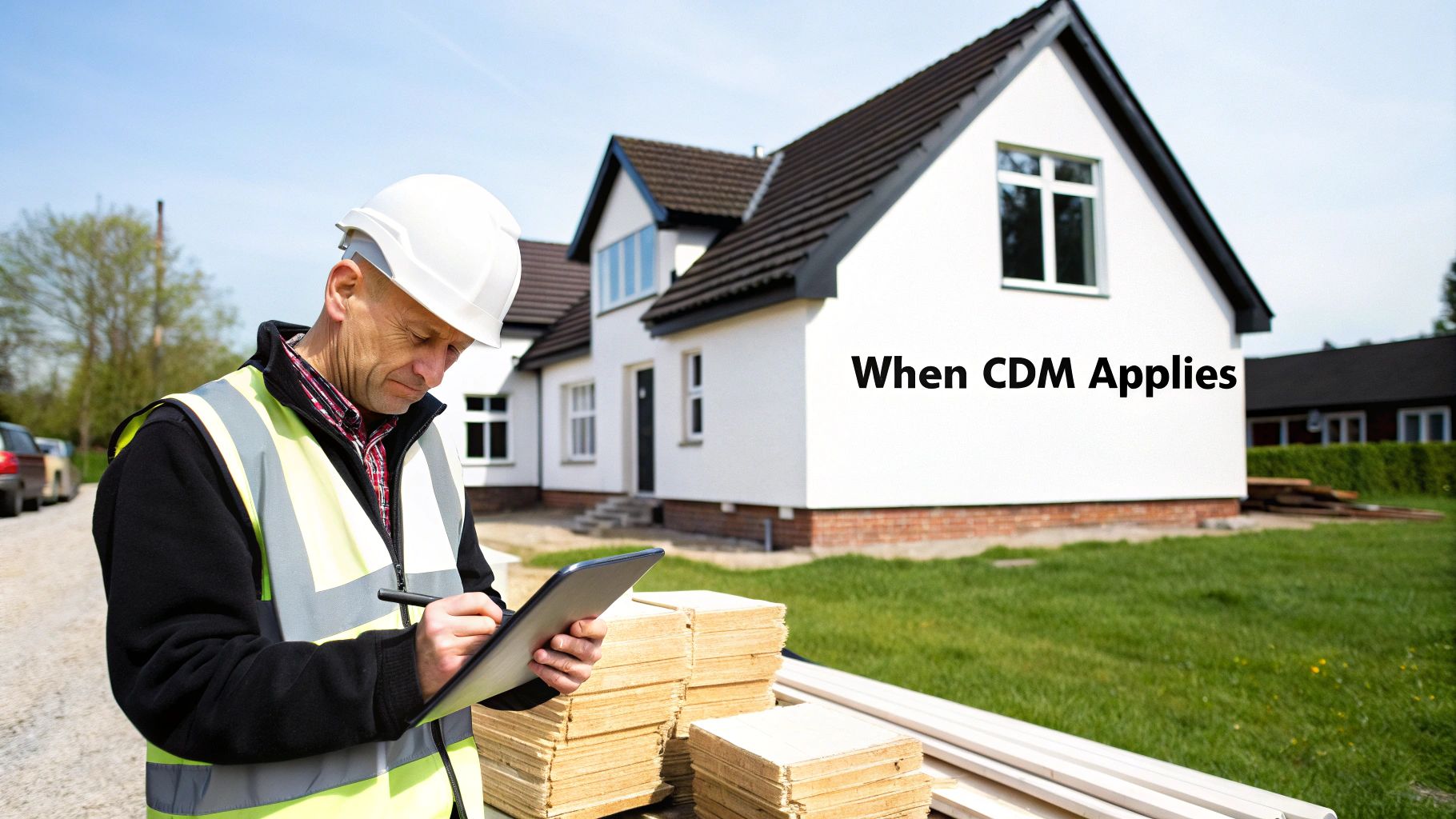 A construction worker in a hard hat and vest inspects materials near a new house.