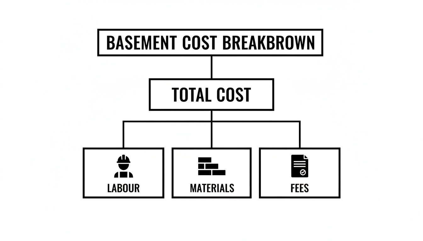 A flowchart illustrates a basement cost breakdown, detailing the total cost split into labour, materials, and fees.