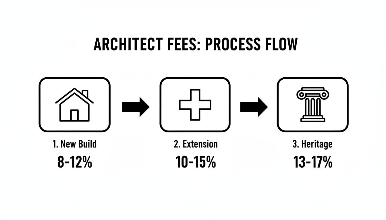 Process flow diagram showing architect fee percentages for new build, extension, and heritage projects.