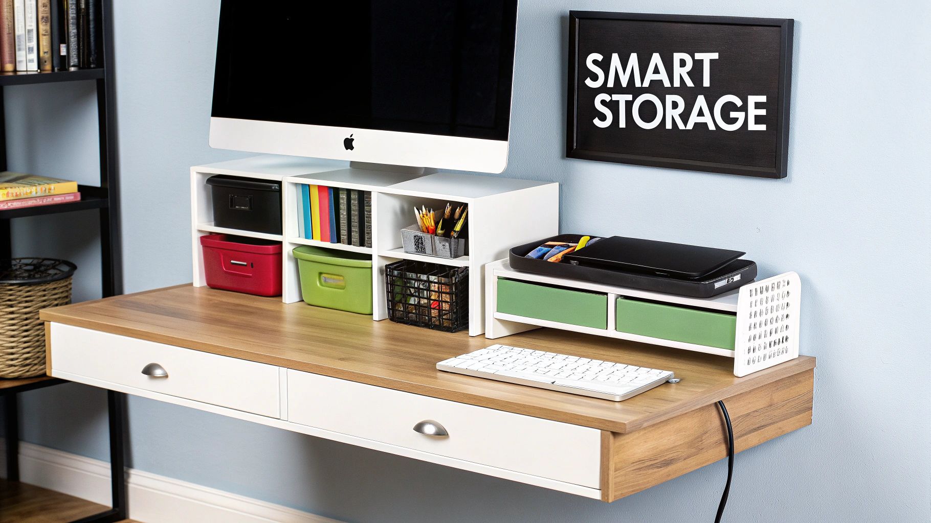 A neatly organised home office with clever shelving and storage solutions.