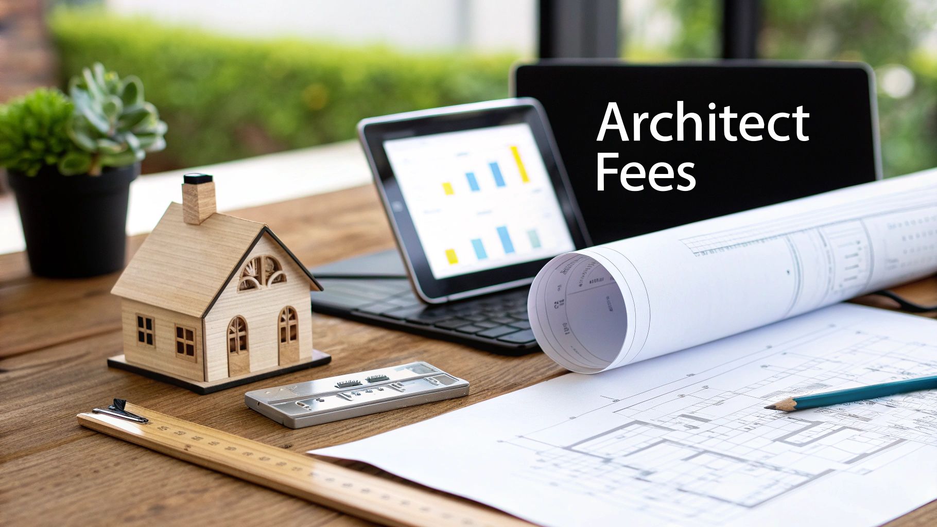 Desk with a wooden house model, laptop, rolled blueprints, and the words 'Architect Fees' on a screen.