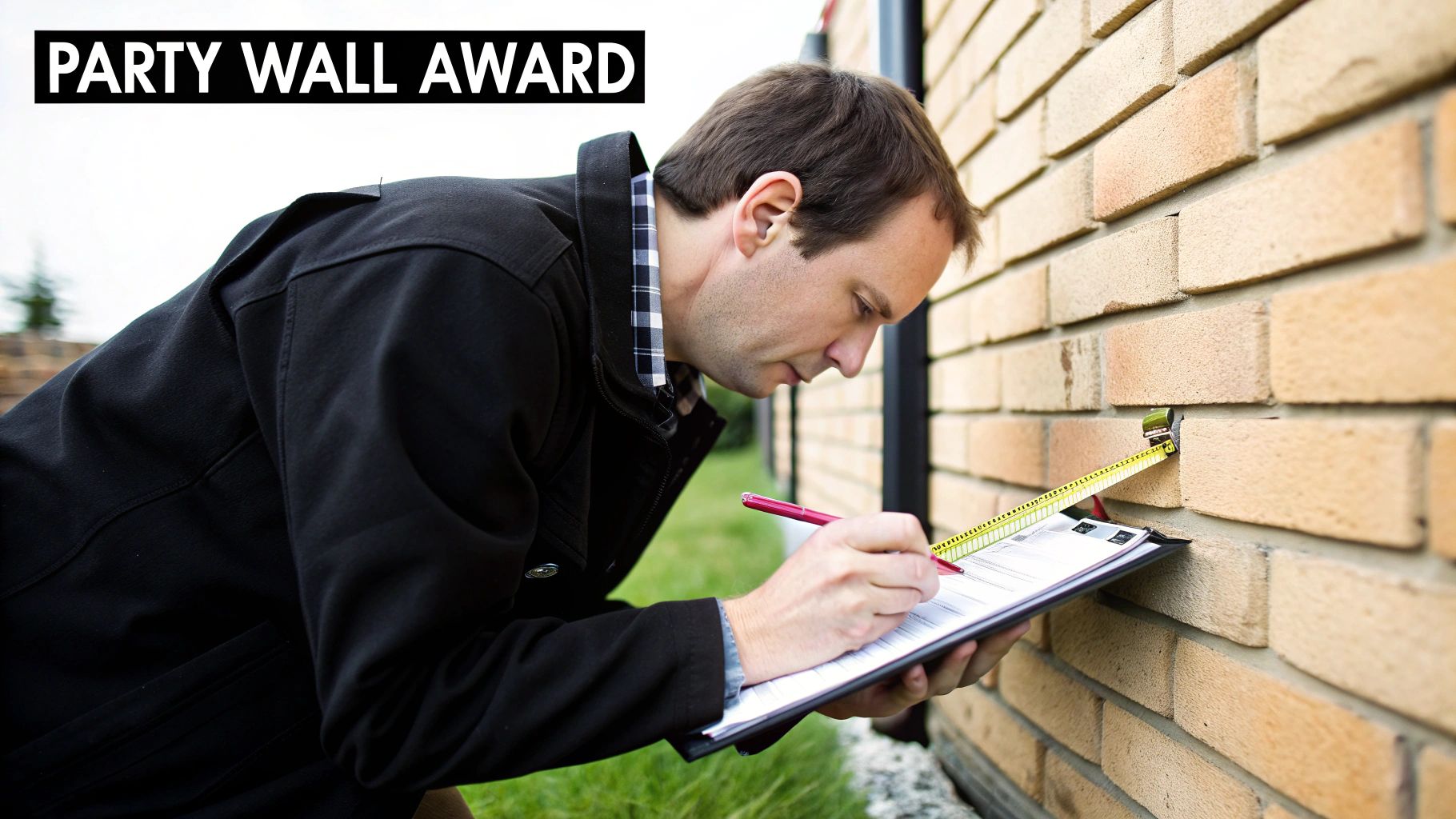 A surveyor measures a brick wall with a tape measure, writing notes on a clipboard for a party wall award.