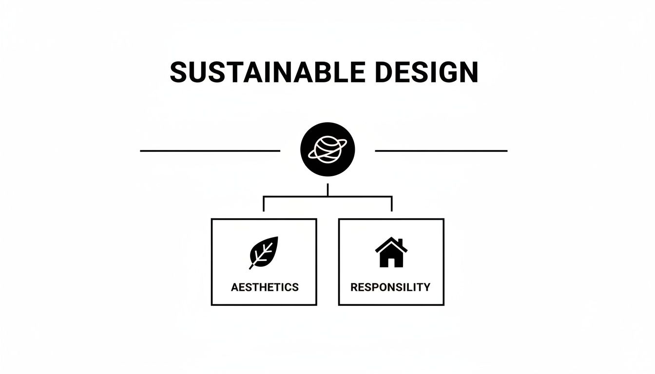A diagram illustrating sustainable design, showing its components: aesthetics represented by a leaf and responsibility by a house.