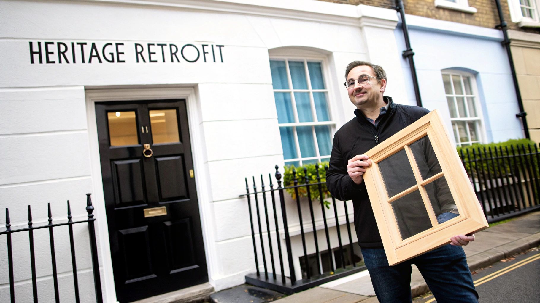 Man proudly holds a wooden window frame in front of a white building branded 'Heritage Retrofit'.