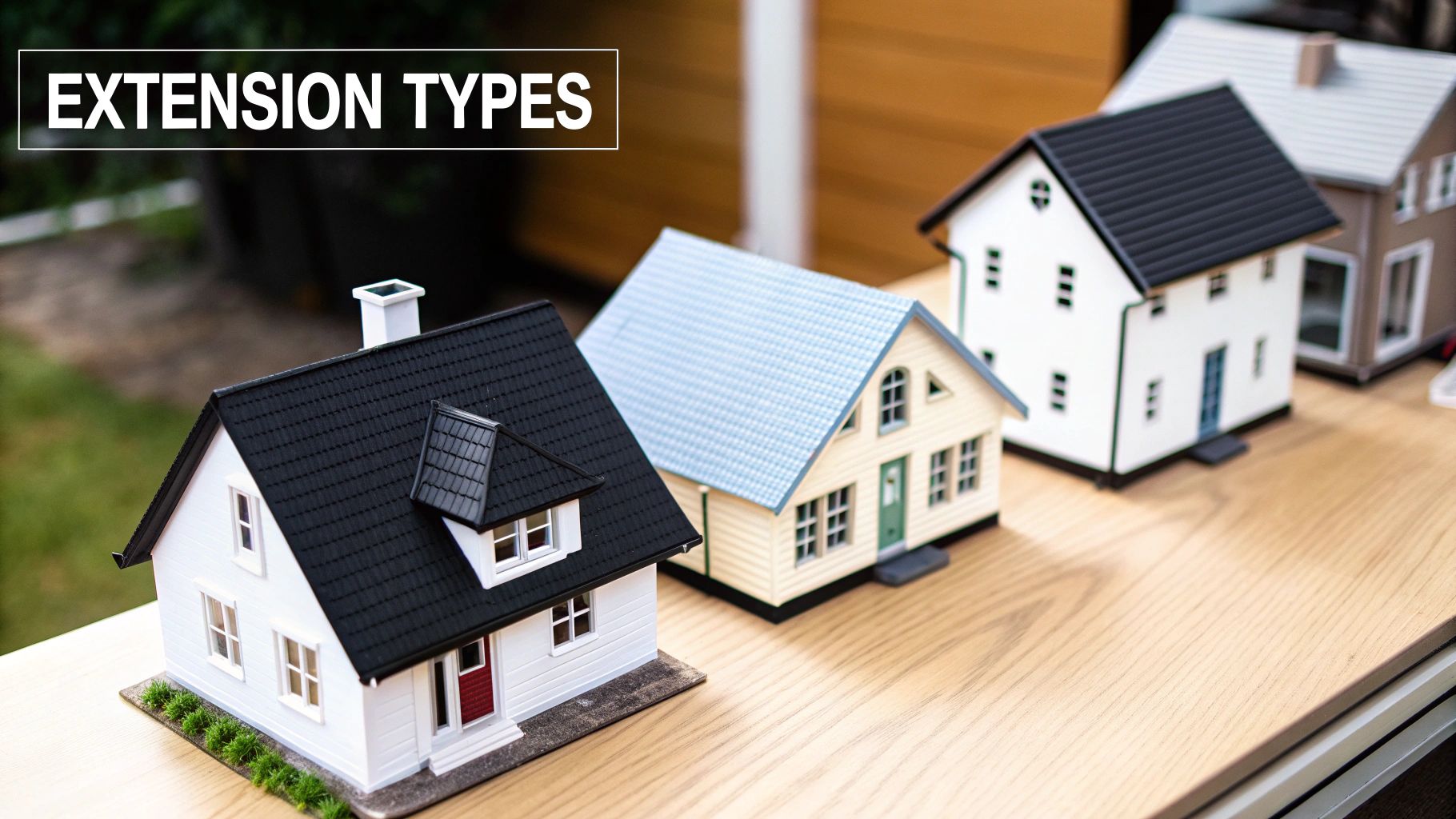 Different miniature house models arranged on a table, illustrating various home extension types.