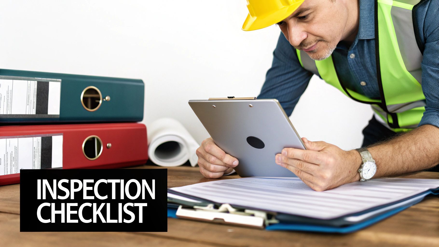 A construction worker in a hard hat and safety vest reviewing an inspection checklist on a clipboard.