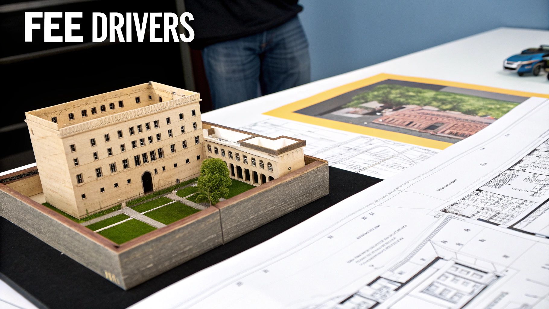 Detailed architectural model of a grand building with a courtyard, tree, and blueprints on a table.