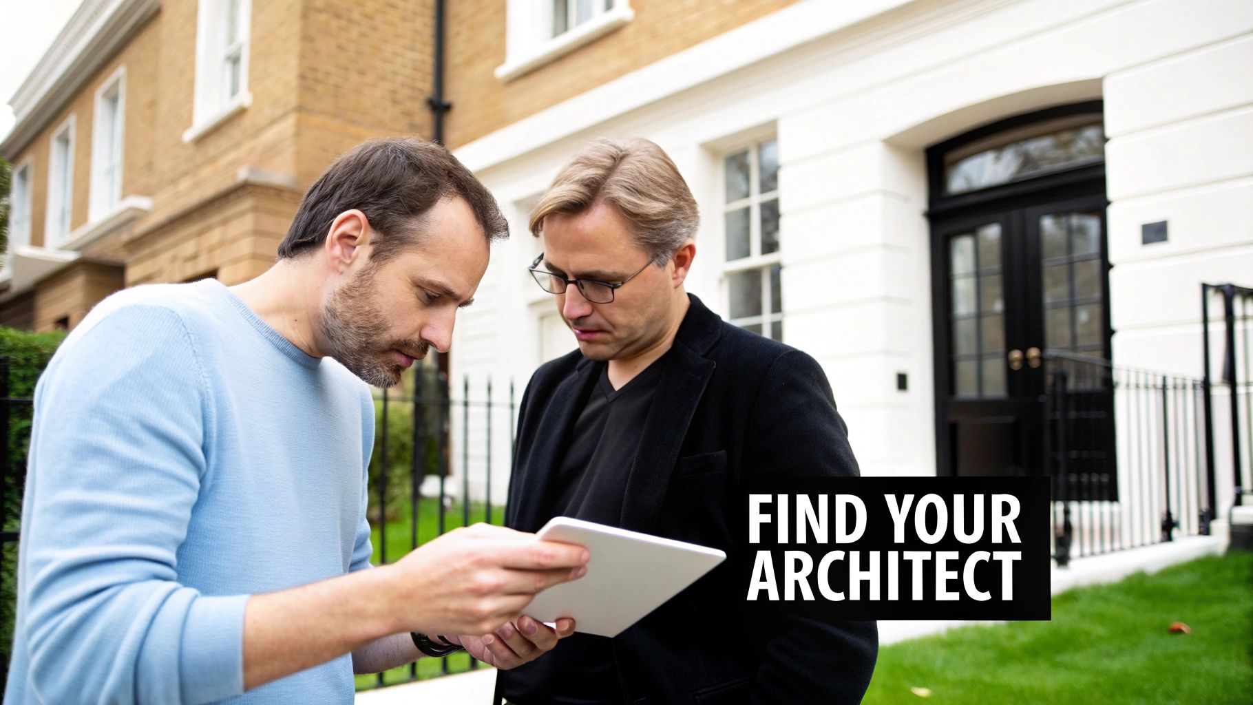 Two men, possibly an architect and client, review plans on a tablet outside a residential building.