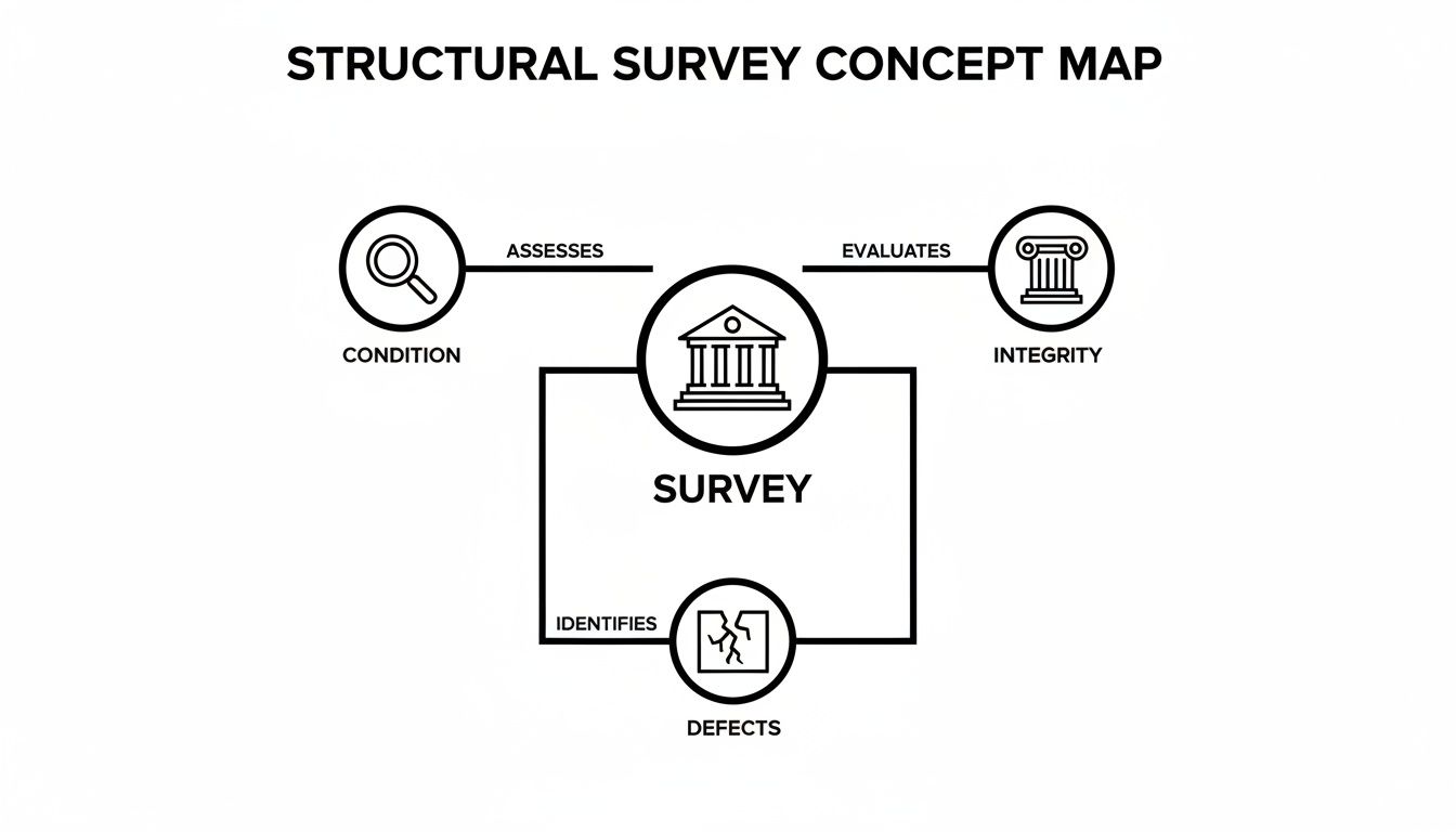 Concept map illustrating a structural survey, detailing how it assesses condition, evaluates integrity, and identifies defects.