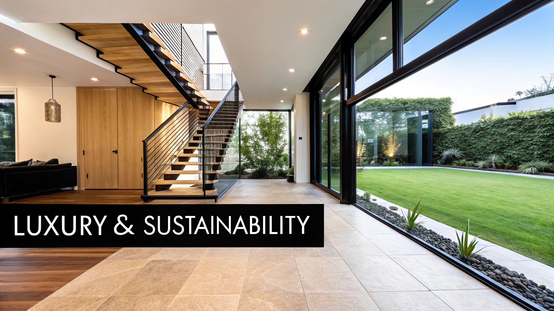 Modern luxurious home interior with a wooden staircase, large glass walls, and a green garden.