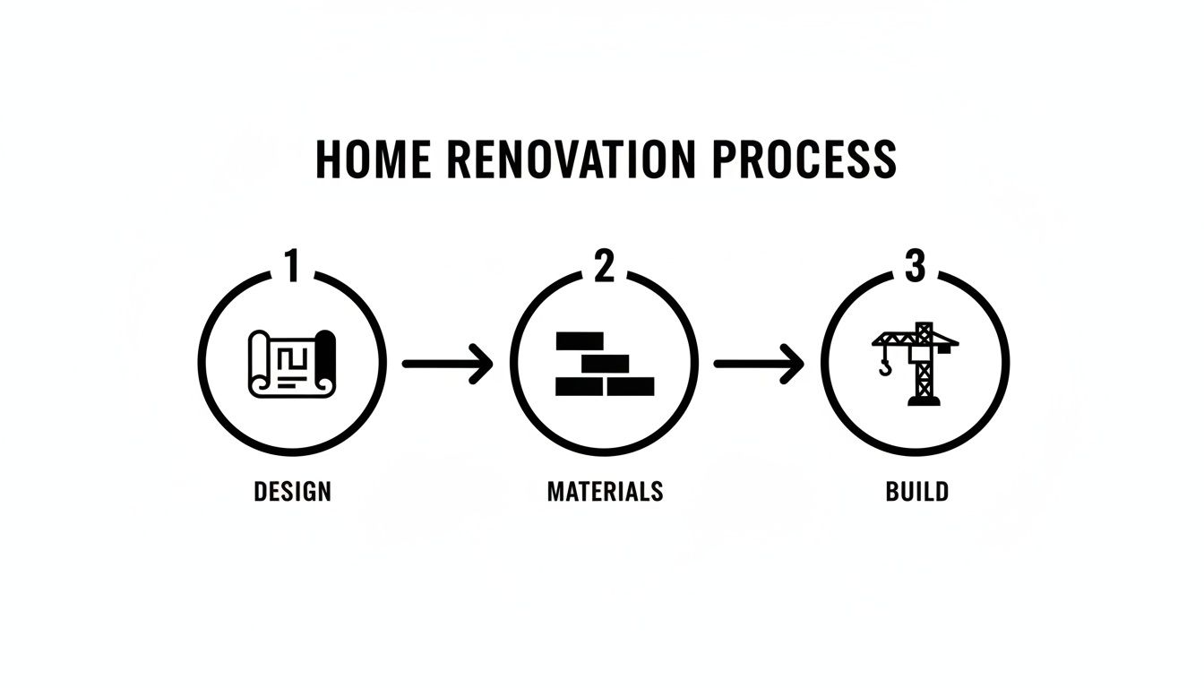 Three-step home renovation process infographic showing design, materials selection, and construction.