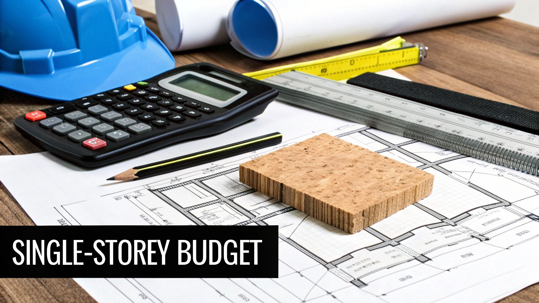 Table with construction tools: blueprints, calculator, hard hat, measuring tape, and a cork block.