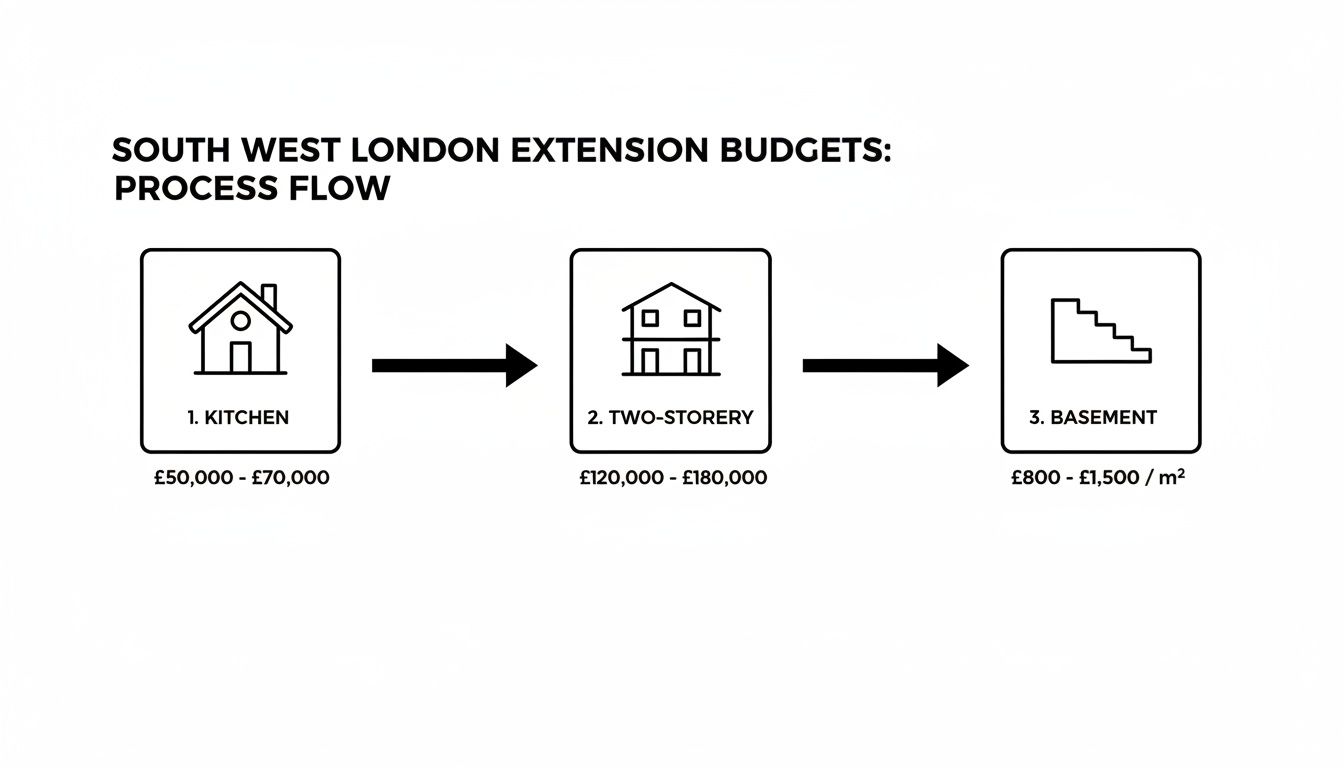 Process flow illustrating South West London extension budgets for kitchen, two-storey, and basement projects.