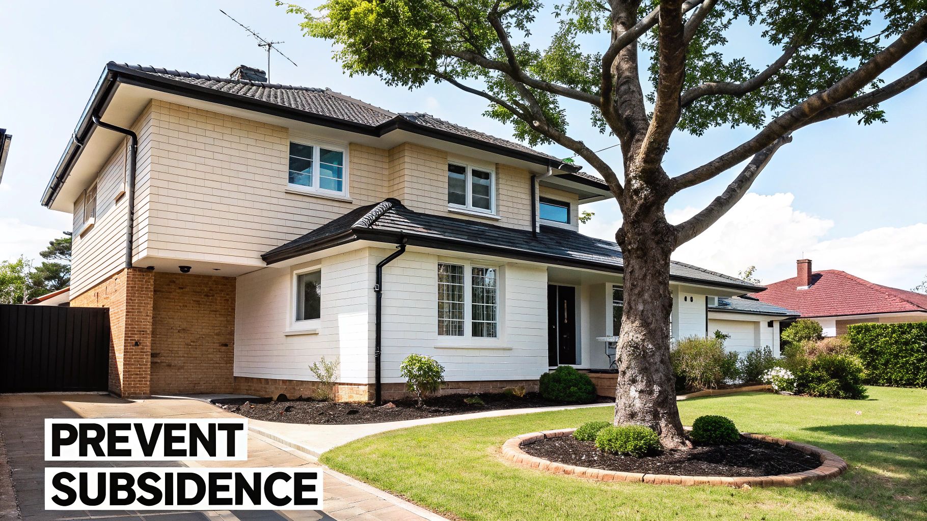 A modern two-story house with a green lawn and tree, featuring a &#39;PREVENT SUBSIDENCE&#39; overlay.