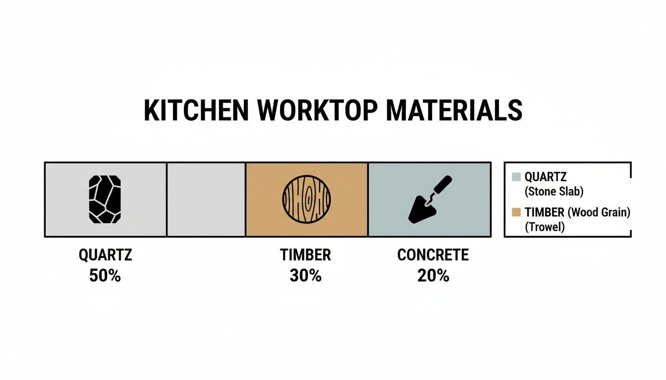 A bar chart illustrating popular kitchen worktop materials: Quartz (50%), Timber (30%), and Concrete (20%).