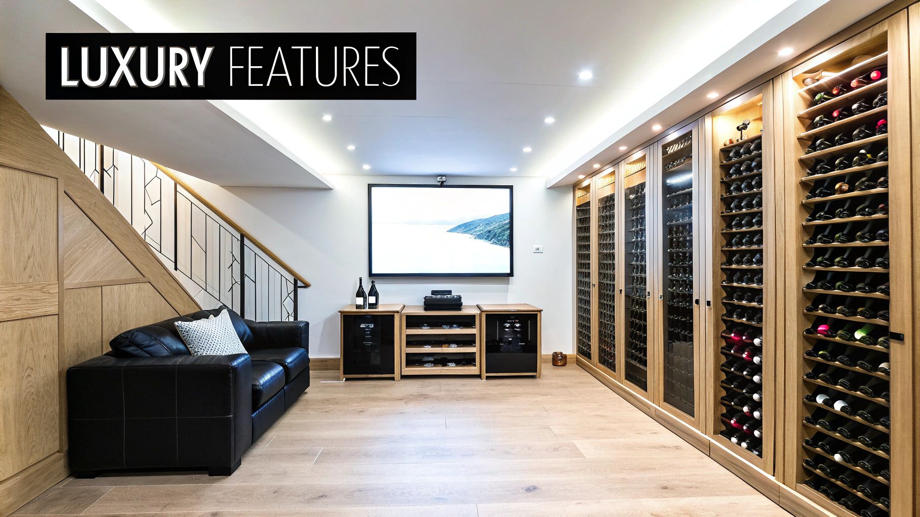A luxurious basement with a custom-built wine cellar, large home cinema screen, and a black leather sofa.