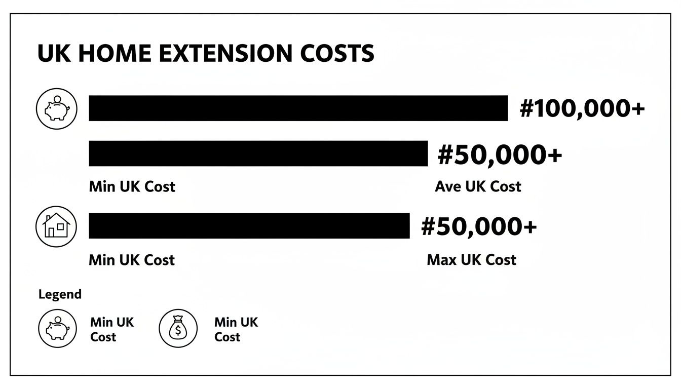 Chart showing UK home extension costs, including minimum, average, and maximum price estimates.