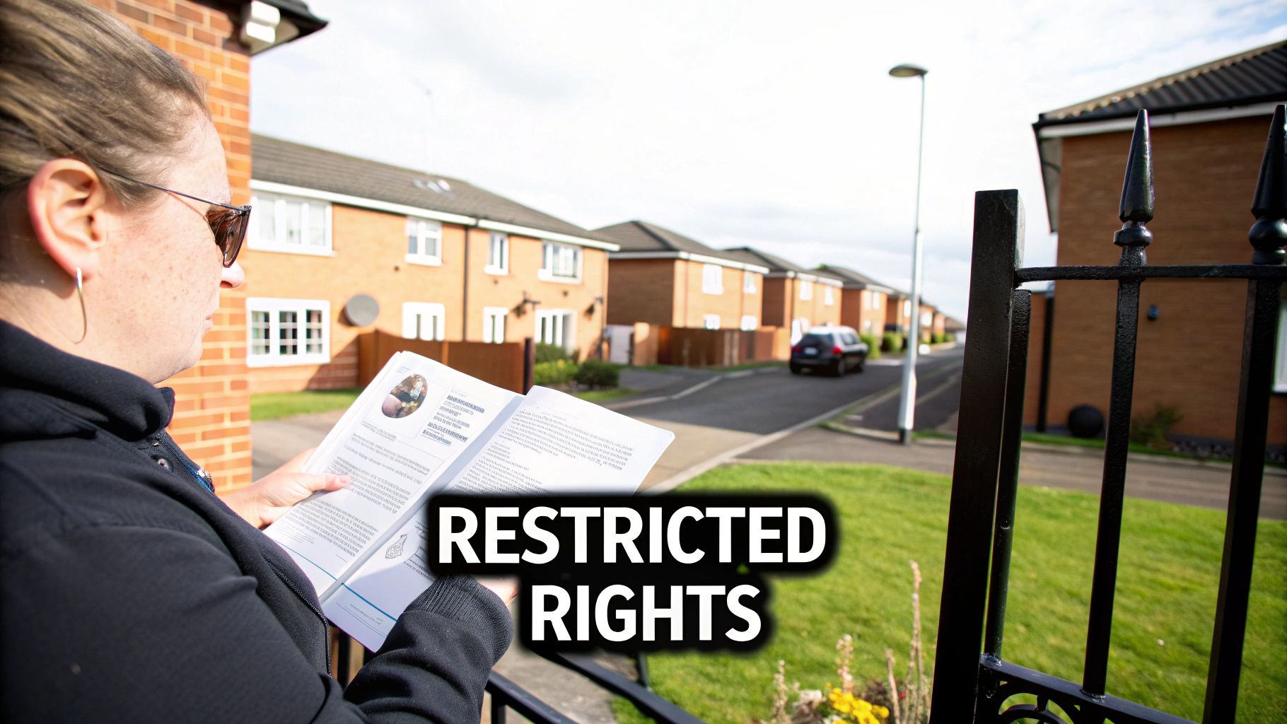 A woman in sunglasses reads a document on a residential street with 'RESTRICTED RIGHTS' overlay.