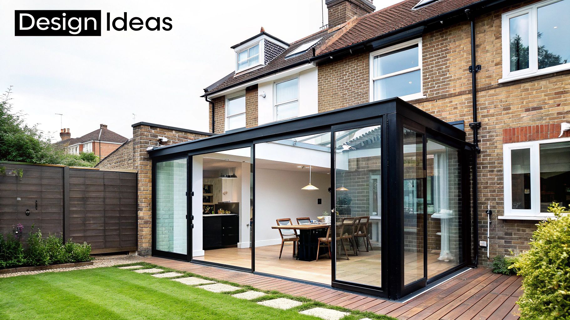 Modern brick house with a sleek glass extension, leading to a green lawn and wooden deck.