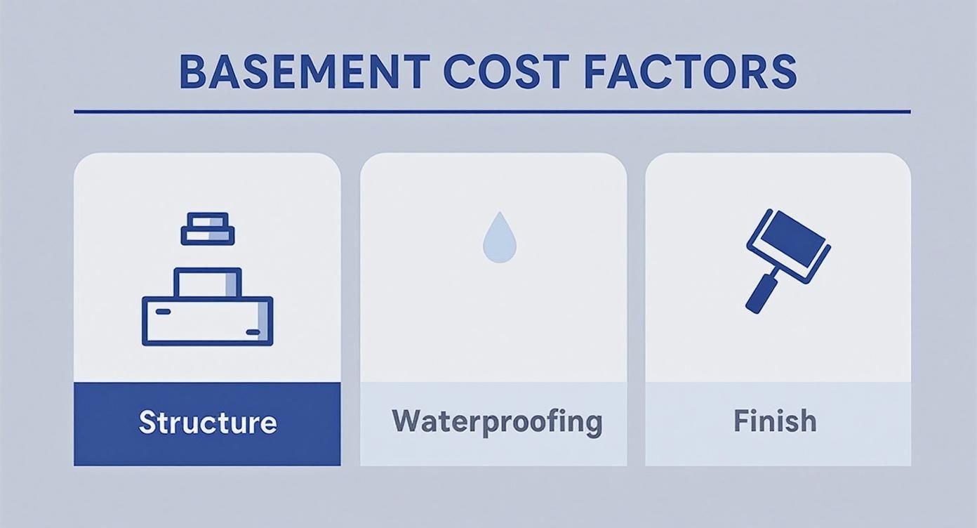 Infographic about cost of converting a basement showing icons for structure, waterproofing, and finish.