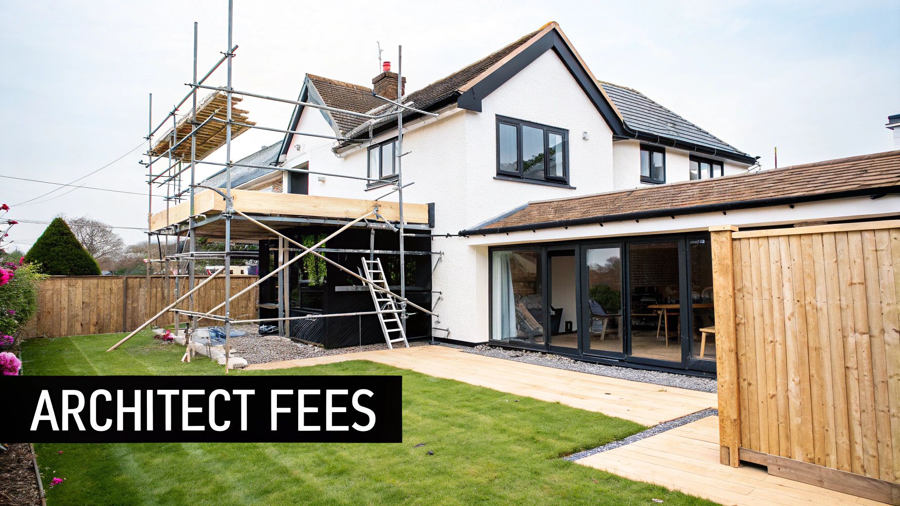 A white house undergoing an extension, surrounded by scaffolding, with a green garden and 'Architect Fees' text.