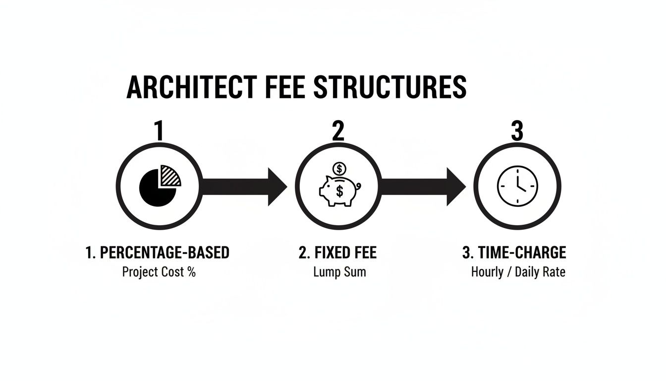 An infographic illustrating three common architect fee structures: percentage-based, fixed fee, and time-charge.
