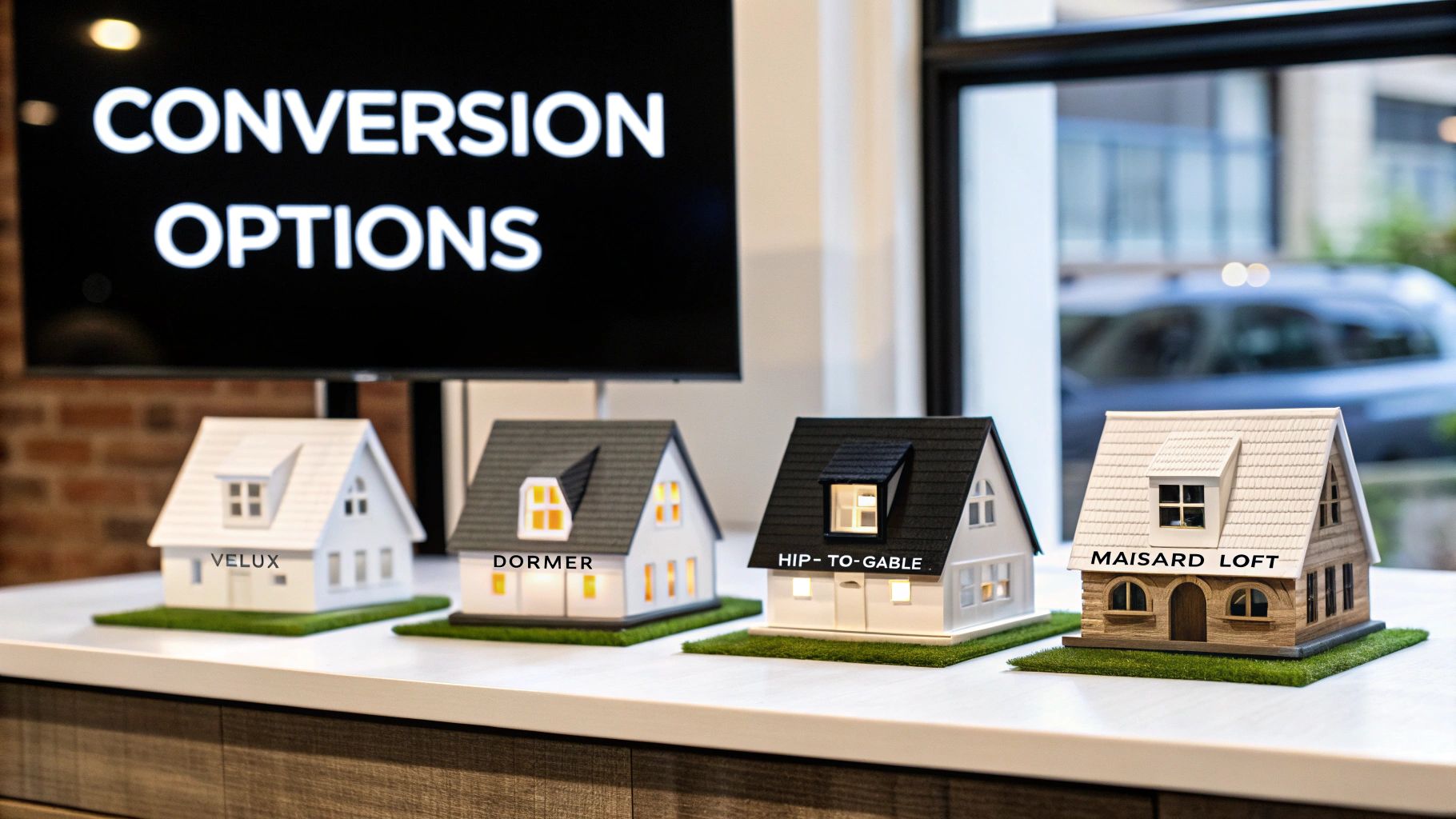 Four miniature house models demonstrating different loft conversion options: Velux, Dormer, Hip-to-Gable, and Maisard Loft.
