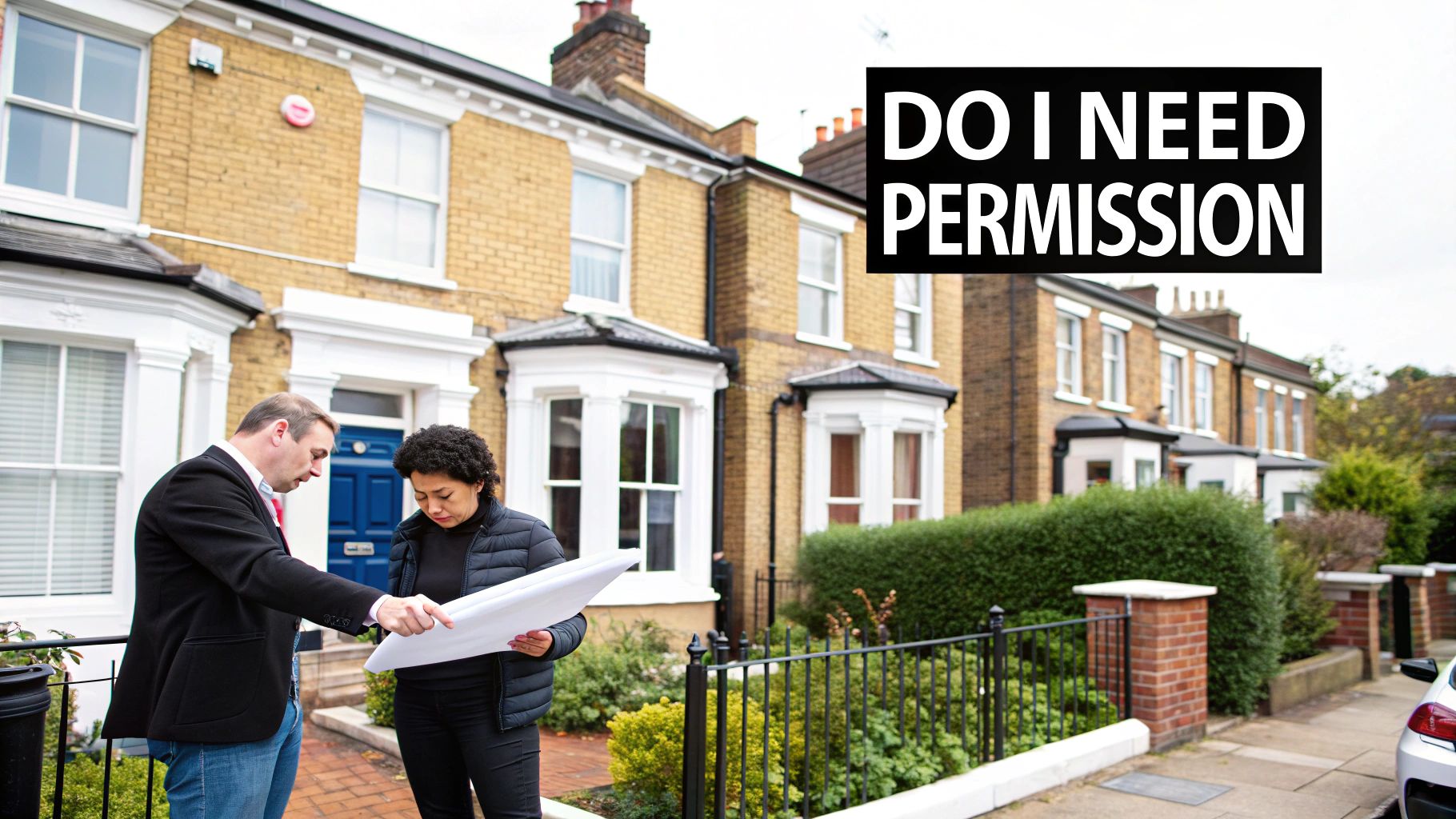 A man and woman discuss building plans outside a traditional house, with a 'DO I NEED PERMISSION' overlay.