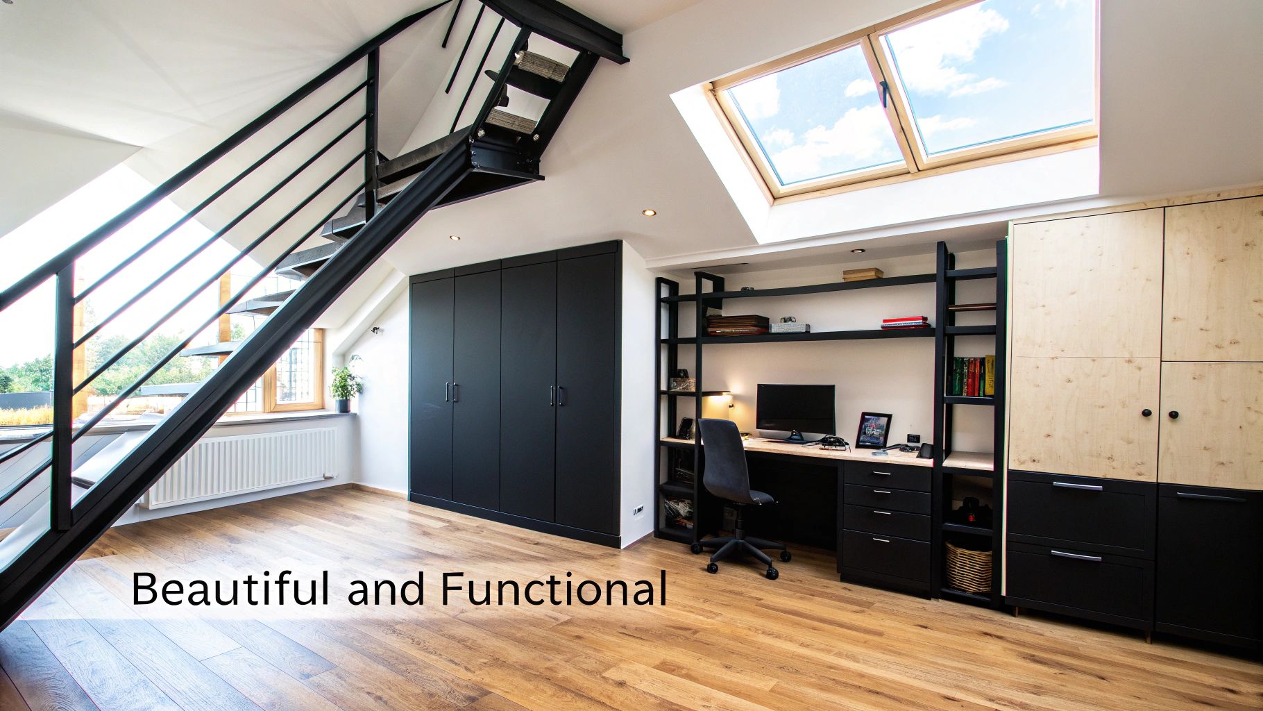 Modern loft conversion with a black metal staircase, built-in storage, and a functional home office.