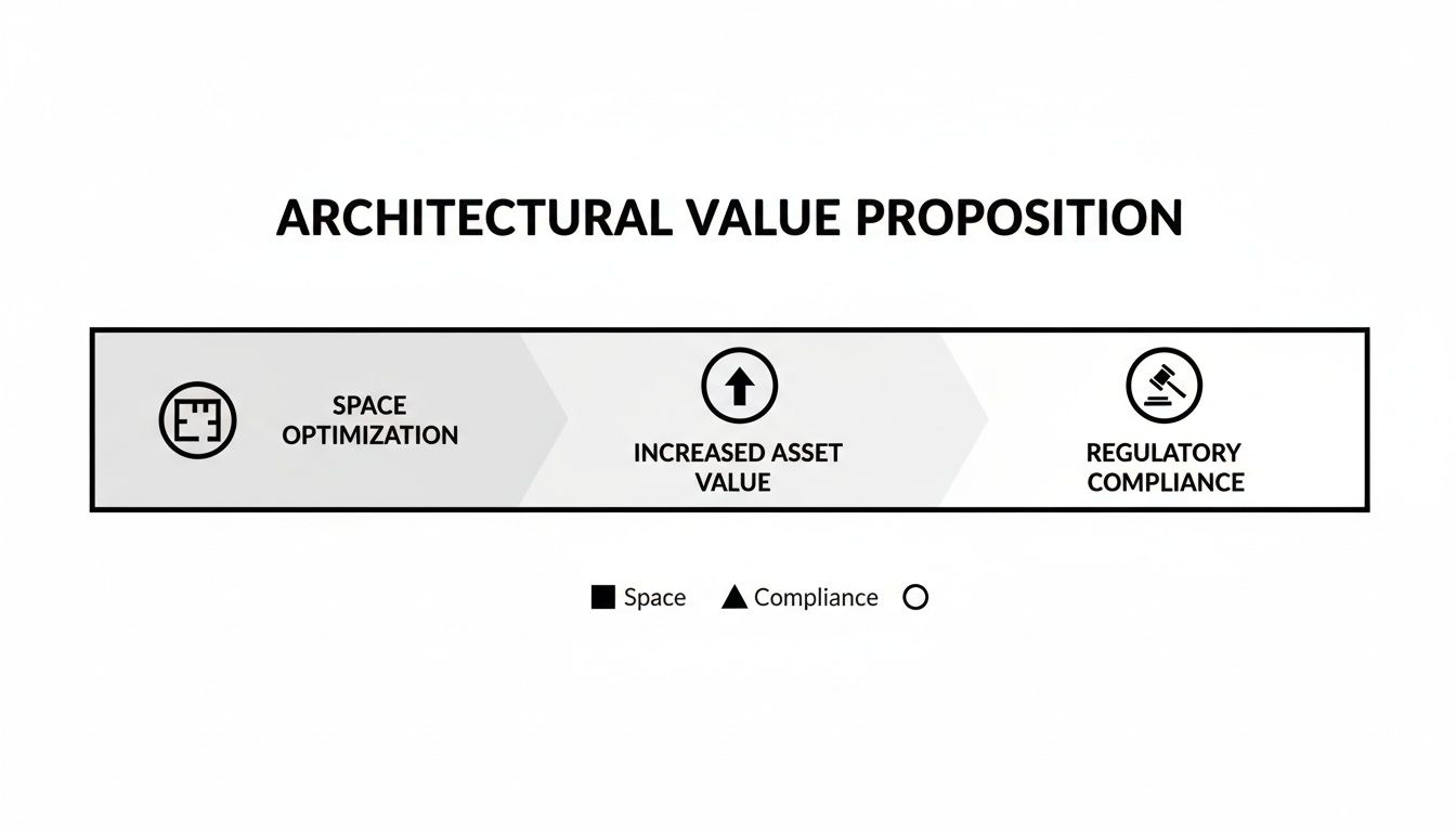 Diagram illustrating architectural value proposition, including space optimization, increased asset value, and regulatory compliance.