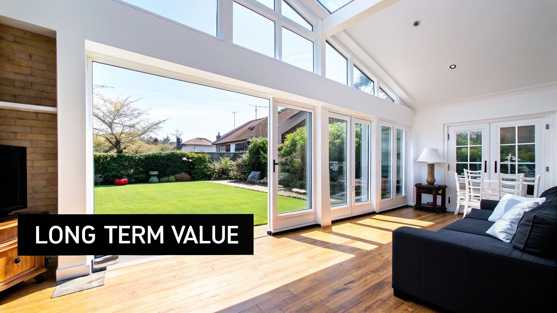 Bright, modern sunroom with a dark sofa, wooden floor, and large glass doors opening to a green garden.
